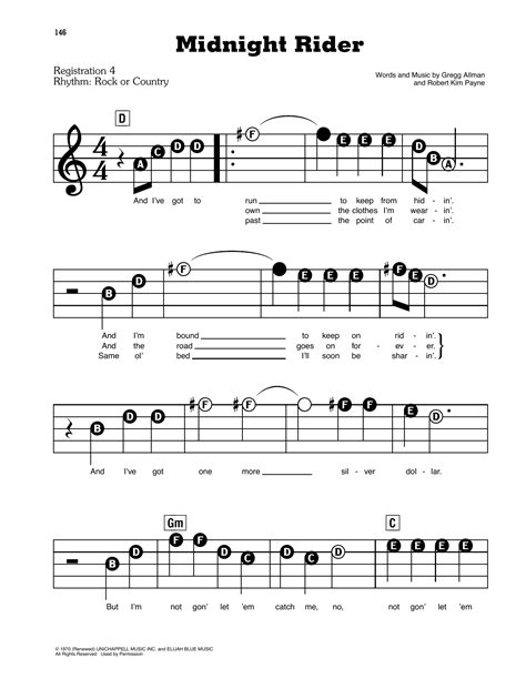 Midnight Rider by The Allman Brothers Band Sheet Music for E-Z Play ...