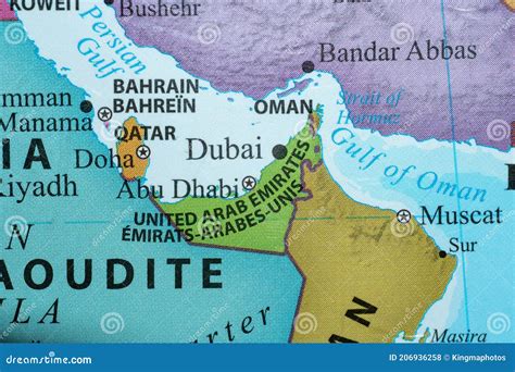 Colorful Country Map Of The United Arab Emirates Dubai In The Middle East On Gulf In English And ...