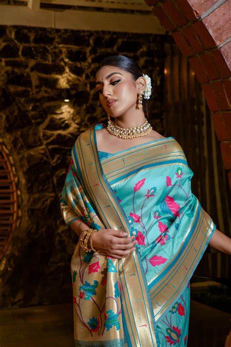 Turquoise Blue Banarasi Silk Saree – Vishnu Weaves