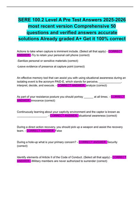 SERE 100.2 Level A Pre Test Answers most recent version Comprehensive ...