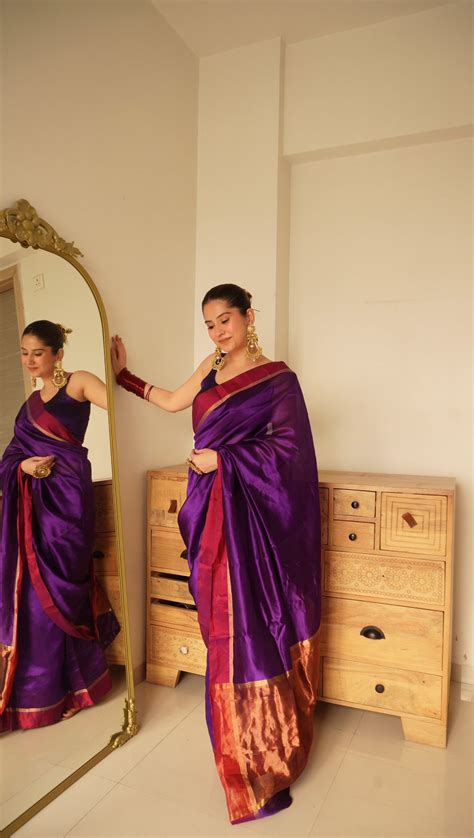 Dark Purple Plum Chanderi silk saree with zari lines on pallu – Roots ...