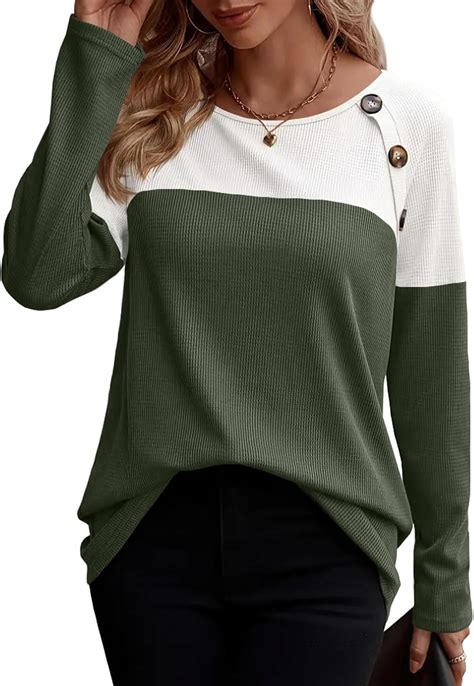 Zeagoo Women Waffle Knit Shirts Long Sleeve Colorblock Tee Button ...
