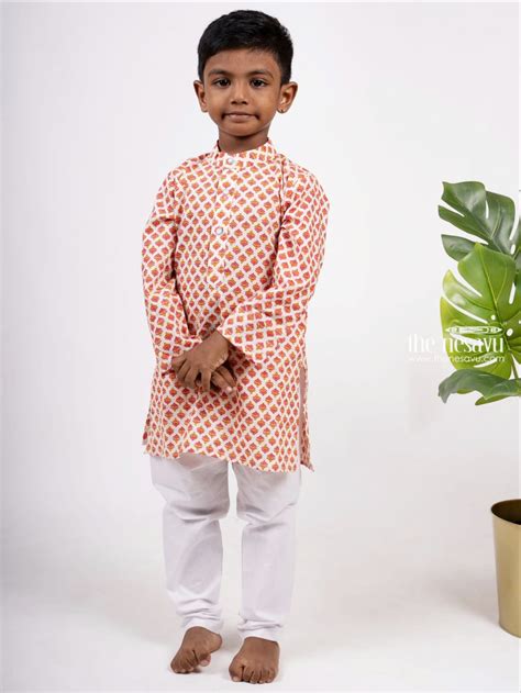 Peach Pink Block Print Kurta Set Boys – The Nesavu