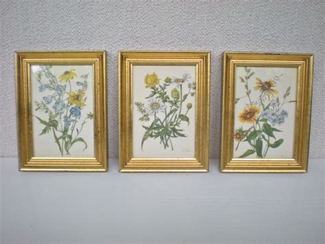 3 Botanical Flower Prints, Gold Framed Wall Decor - 1940's Floral Art
