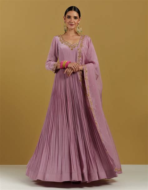 Lavender Hand Embroidered Floor Length Anarkali Kurta With Dupatta ...