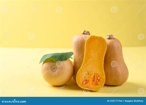Butternut Squash or Butternut Pumpkin on Yellow Background Stock Photo ...