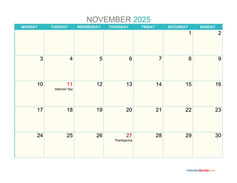 November Monday 2025 Calendar Printable | Calendar Quickly