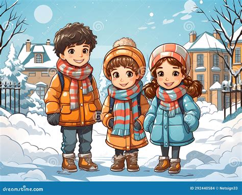 Cartoon of Kids in Winter Clothes in Snow Stock Illustration ...