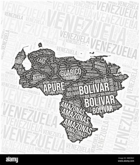 Venezuela regions map word cloud. Venezuela region names. Black and white map design. Awesome ...