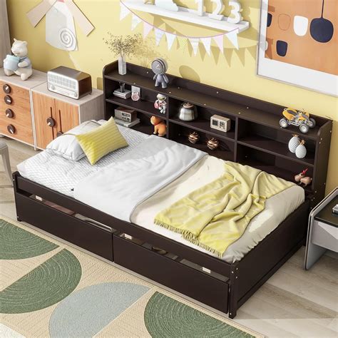 Amazon.com: SOFTSEA Modern Twin Storage Bed with Side Bookcase and ...