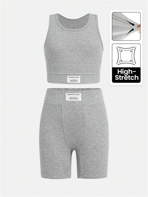 SHEIN Tween Girls' Ribbed Knit Letter Patchwork Crop Top & Shorts ...