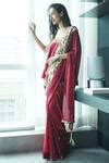 Buy Red Georgette Hand Embroidered Floral Mirror And Cut Dana Saree For ...