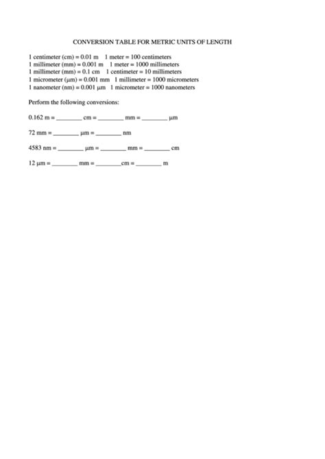 Conversion Table For Metric Units Of Length printable pdf download