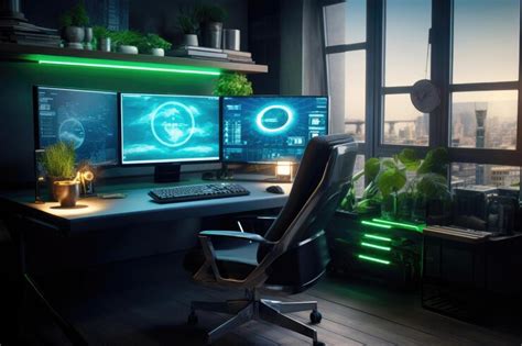 Financial command center desk with two monitors and shelves | Premium ...