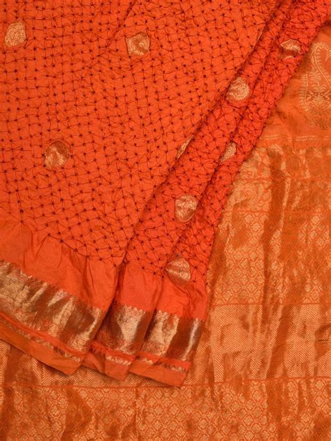 Orange Bandhani Kanchipuram Silk Handloom Saree with Small Buta Design ...