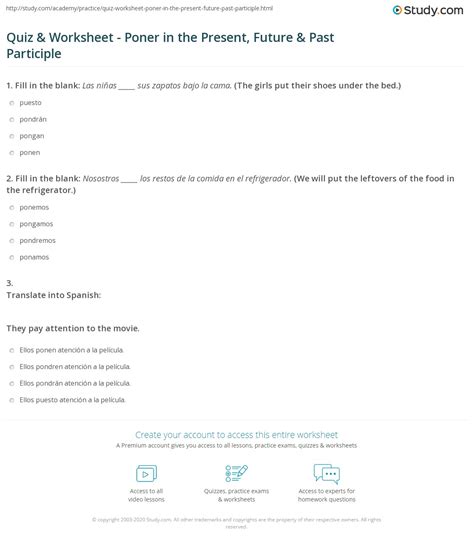 Quiz & Worksheet - Poner in the Present, Future & Past Participle ...