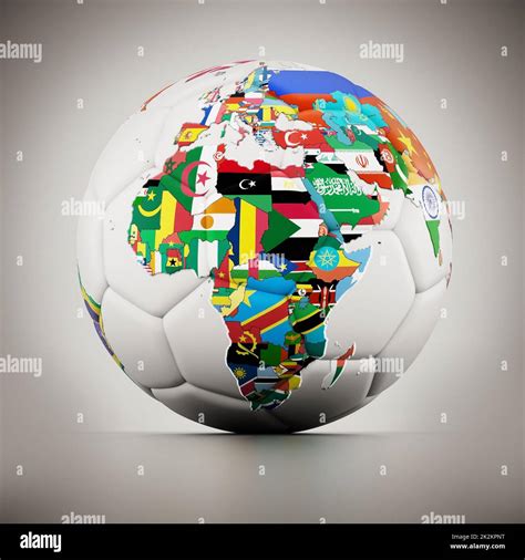 World map with country flags around the soccer ball. 3D illustration Stock Photo - Alamy