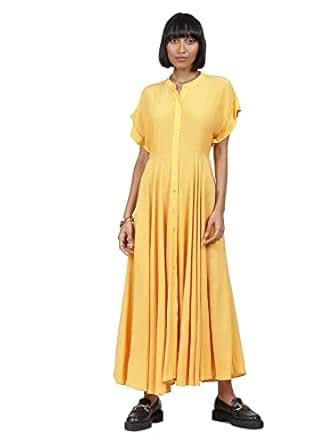 Buy Label RITU KUMAR Half Sleeves Button Down Long Dress Yellow at ...