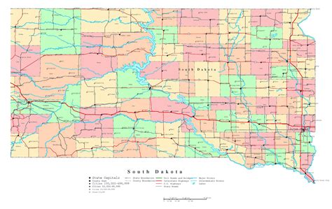 Large detailed administrative map of South Dakota with roads, highways ...