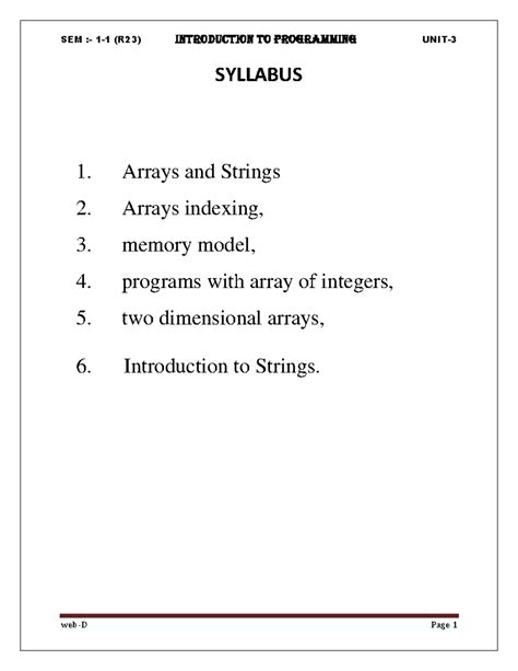 IP R23 UNIT III - Arrays - SYLLABUS 1. Arrays and Strings 2. Arrays ...
