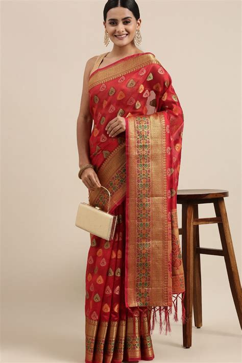 Red Kanjeevaram Organza Saree – Kumari Sarees