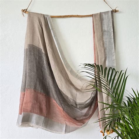 LINEN QUEEN-Three Shades Of Cream And Grey And Peach Linen Saree ...