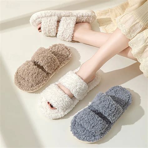 Plush Cotton Slippers for Women Indoor Home Double Stripe Open Toe Soft ...