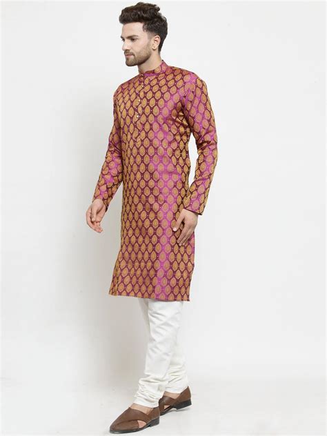 Men Pink-Colored & Golden Self Design Kurta Only ( KO 586 Pink ...