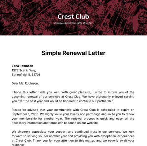 Free Simple Renewal Letter Template to Edit Online