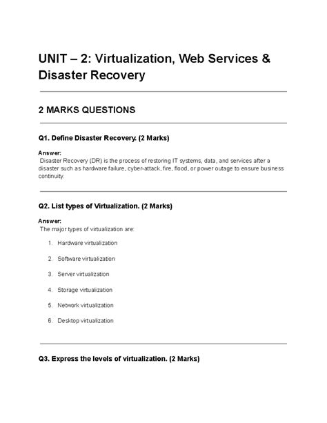 UNIT 2: Virtualization, Web Services & Disaster Recovery - 2 Marks Qs ...