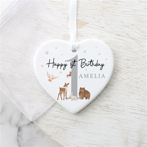 Personalised First Birthday Gift, 1st Birthday Heart Keepsake, Woodland ...