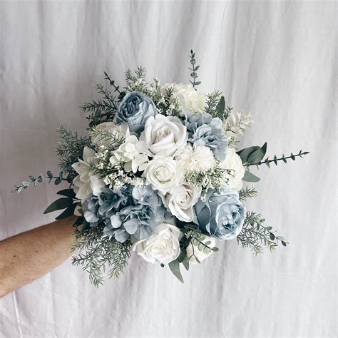 Faux Bridal Bouquet With Dusty Blue Flowers, Blue Bouquet, White and ...
