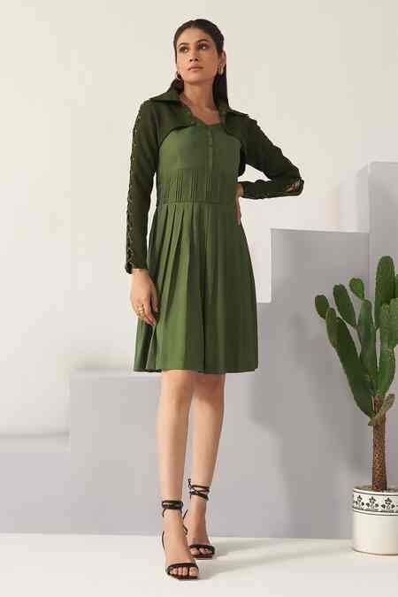Buy Green Dress Duck Voil Solid Jacket Shirt Collar Pleated With ...