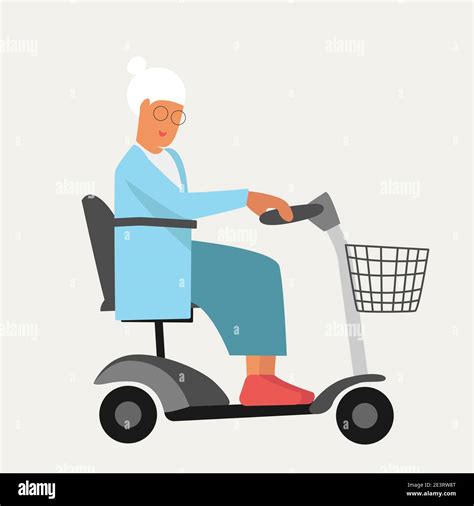 Granny old woman on wheelchair electric scooter in flat style. Happy ...