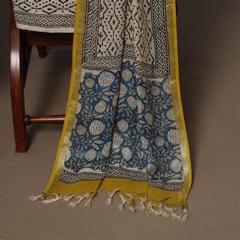Hand Block Bagru Print Linen 3pc Unstitched Dress Material Suit Sets