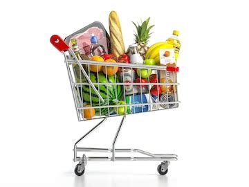 Shopping cart full of food isolated on white grocery and food store ...
