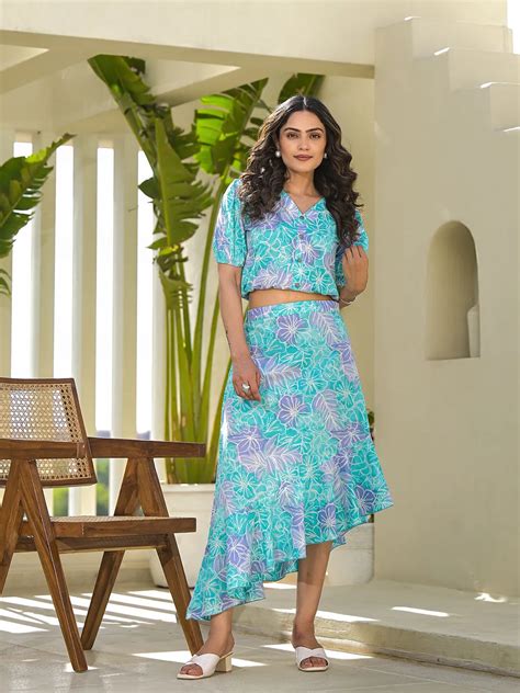 Blue Cotton Floral Print Co Ord Set – Yufta Store