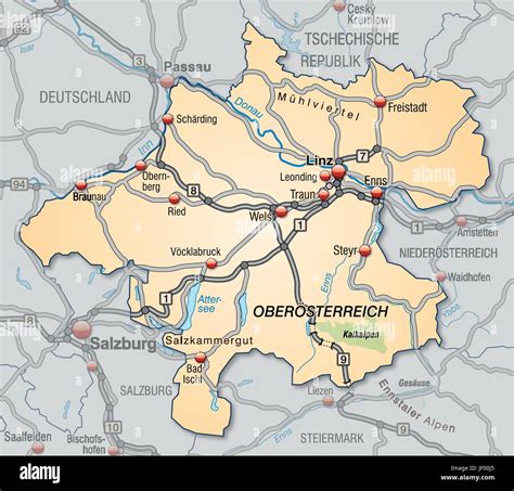 map of upper oestereich with transport network in pastel orange Stock Vector Image & Art - Alamy