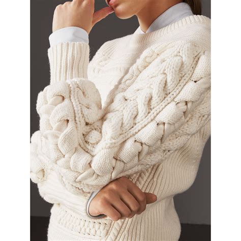 Cable Knit Wool Cashmere Sweater in Natural White - Women | Burberry ...
