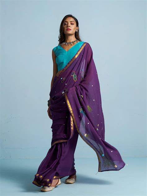 Shop Purple Viscose Mul Thread work sarees | Dungrani