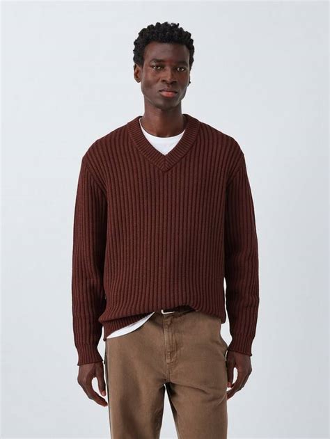 Kin Chunky Rib Cotton Blend V-Neck Jumper, Bitter Chocolate