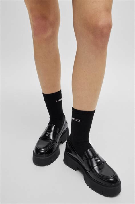 HUGO - Stacked-logo loafers in leather with chunky sole - Black