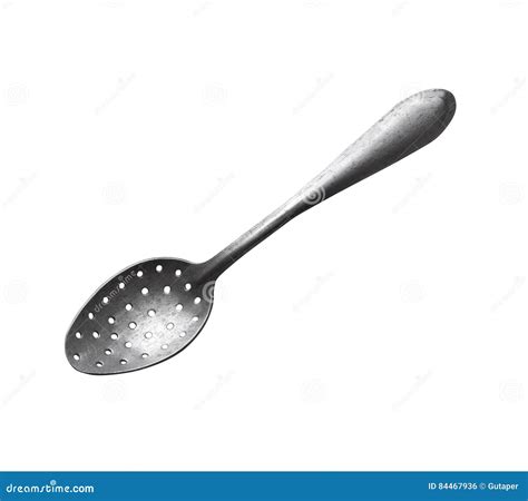 Old Aluminum Spoon with Holes Isolated on White Background Close-up ...