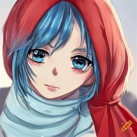 Anime girl with blue hair and red scarf