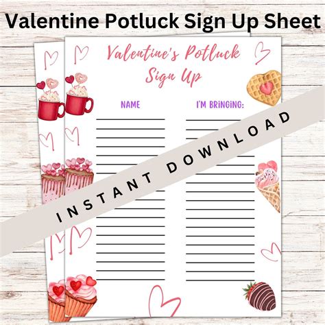 Valentine Potluck Sign up Sheet, Holiday Potluck Sheet, Church Potluck, Valentine Dinner ...