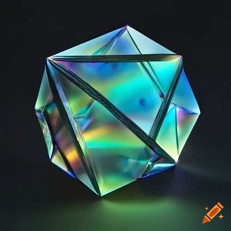 Prismatic iridescent cubic dodecahedron with sharp gold edges on Craiyon