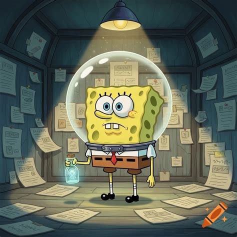 SpongeBob in a bubble helmet holds a glowing bottle in a cluttered room ...