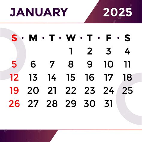 January Month Calendar 2025 Vector Template Download on Pngtree