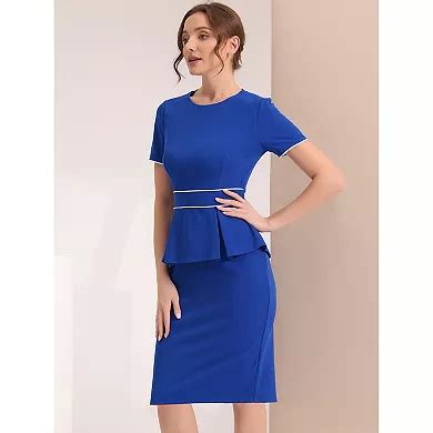 Women's Crew Neck Peplum Contrast Trim Short Sleeve Office Work Bodycon ...
