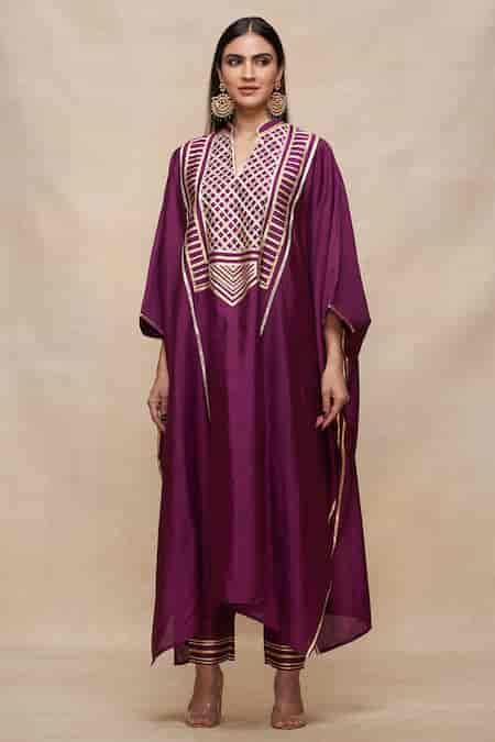 Buy Wine Chanderi Silk Gota Patti Mandarin Collar Embellished Kaftan ...